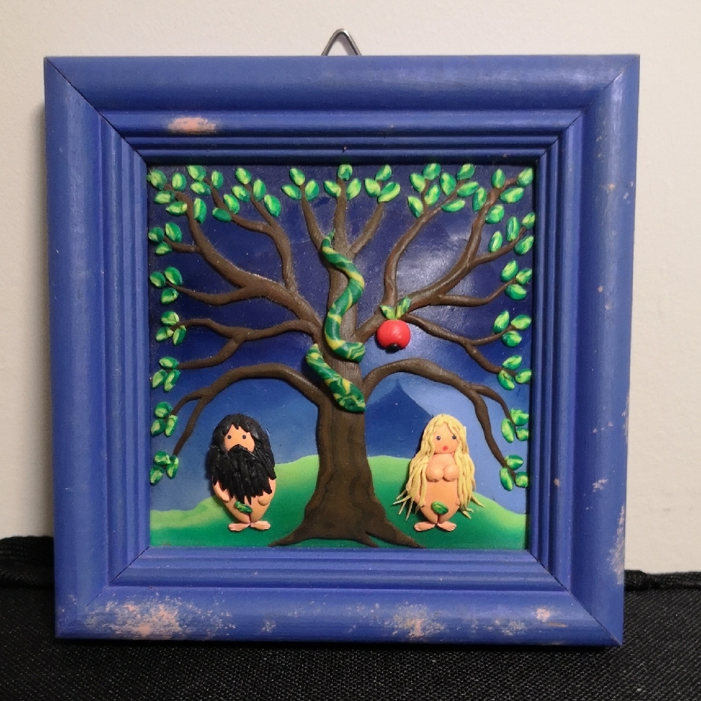 Charming Handmade Clay art Blue Framed Adam & Eve Wall Art Snake Apple Tree